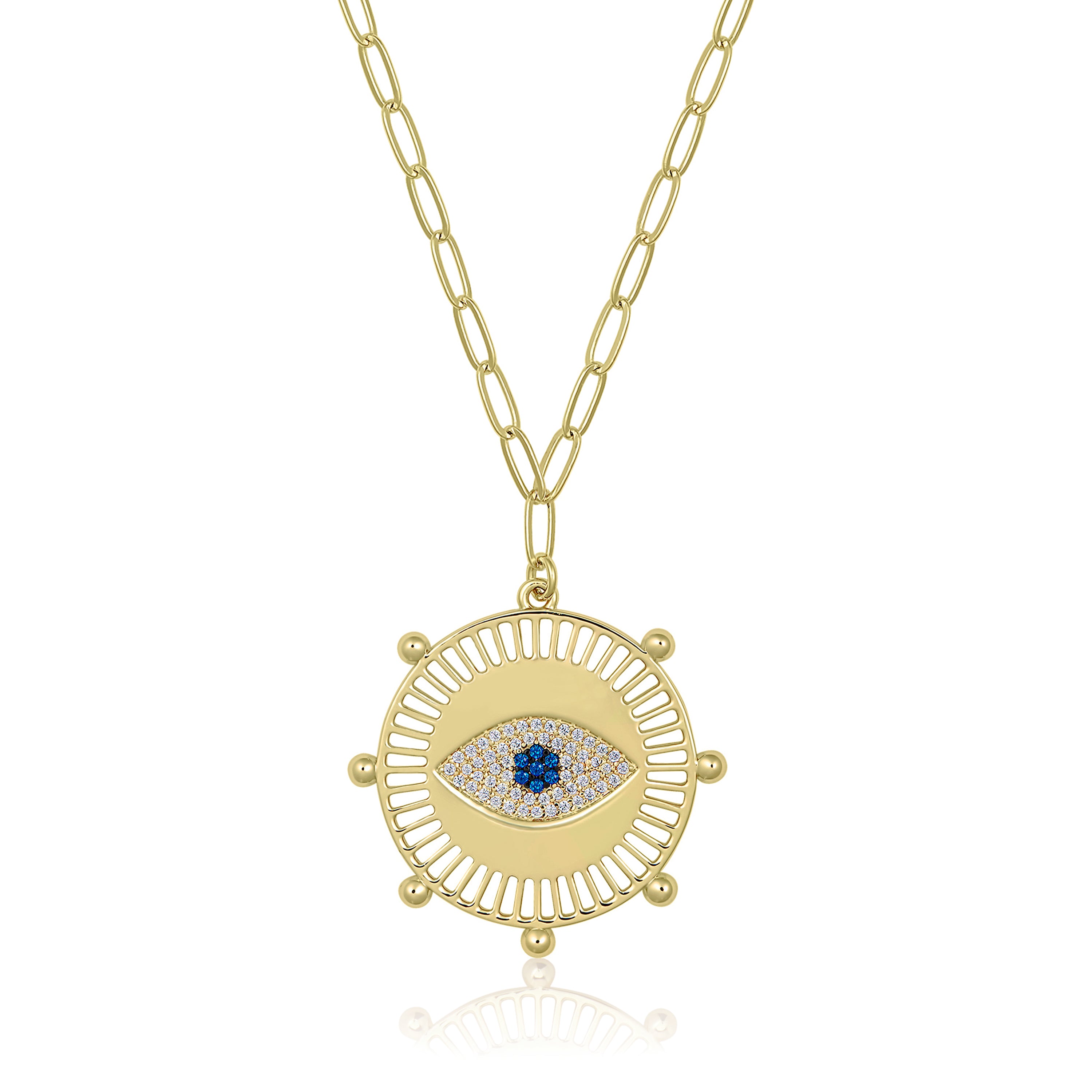 Yellow Gold Plated Pave Evil Eye Medallion Necklace on Paperclip Chain Yellow Gold Plated 16-20" Length Medallion approximately 1" Eye approximately 2/3"