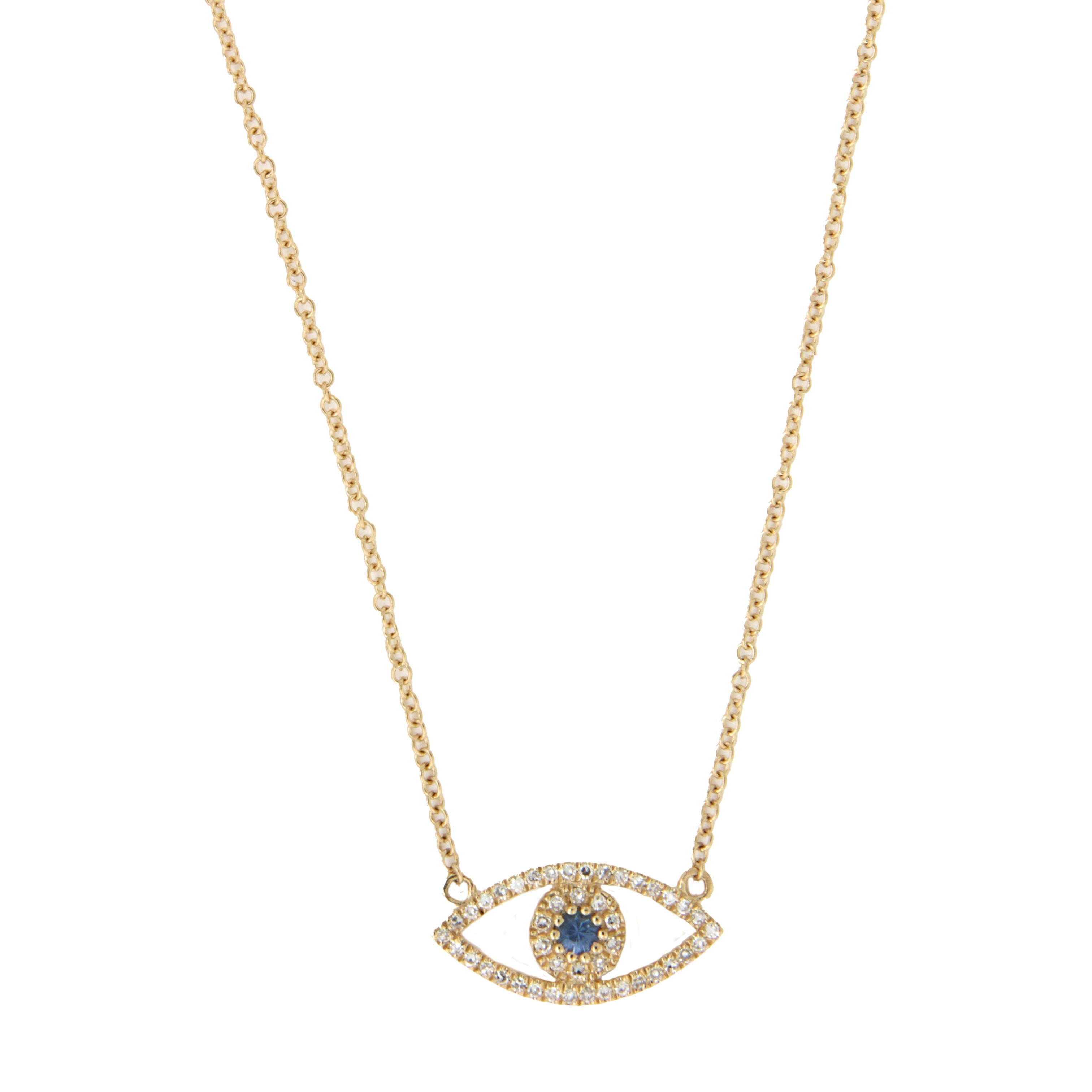 14K Gold Blue Sapphire & Diamond Evil Eye Chain Necklace 14K Yellow Gold 0.11 Diamond Carat Weight 0.08 Blue Sapphire Carat Weight Eye: 0.30" Long X 0.60" Wide 15-17" Adjustable Chain