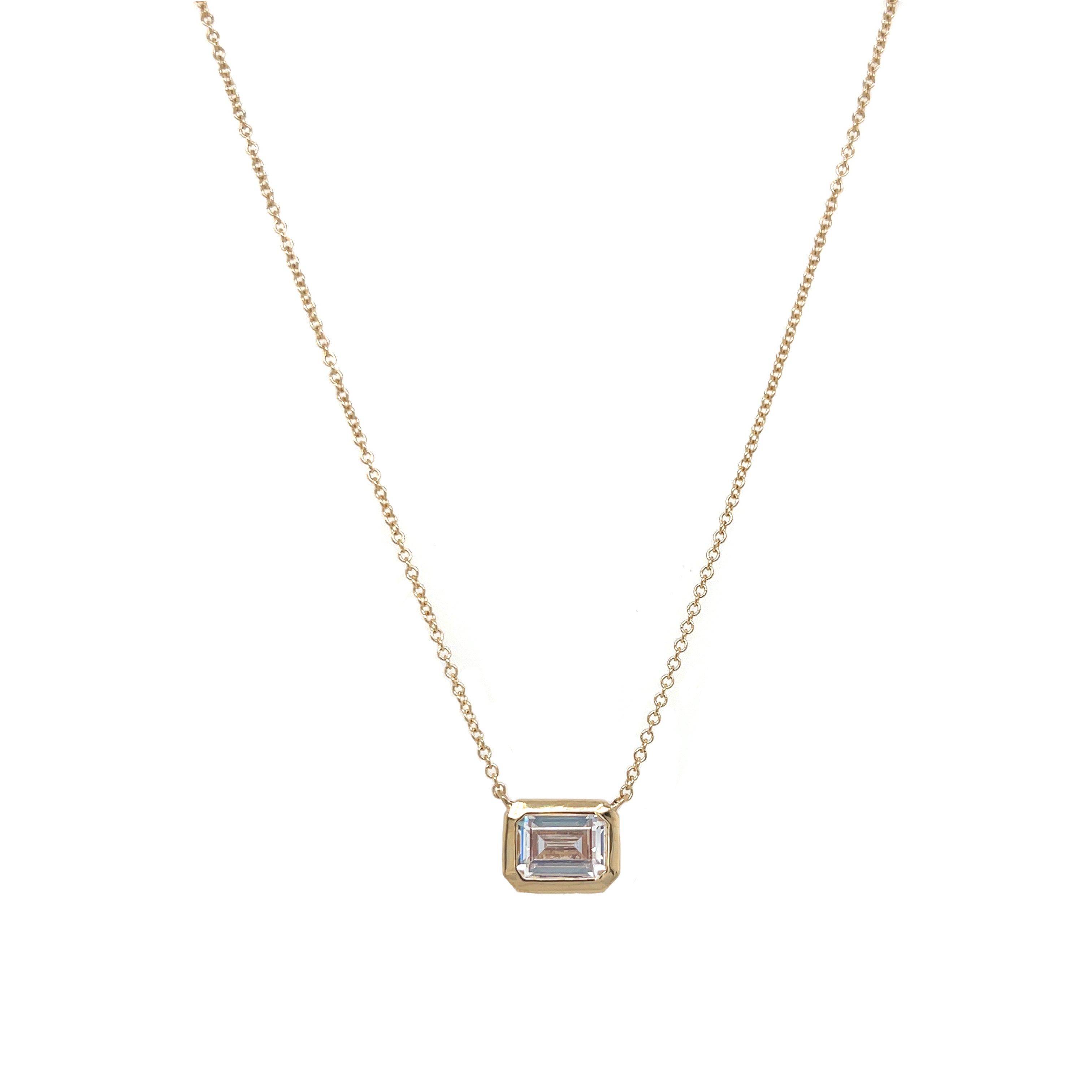 CZ Emerald Cut Solitaire Bezel Chain Necklace 14K Yellow Gold 0.75 CZ Carat Weight Stone: 7MM Long X 5MM Wide Chain: 14-18" Long