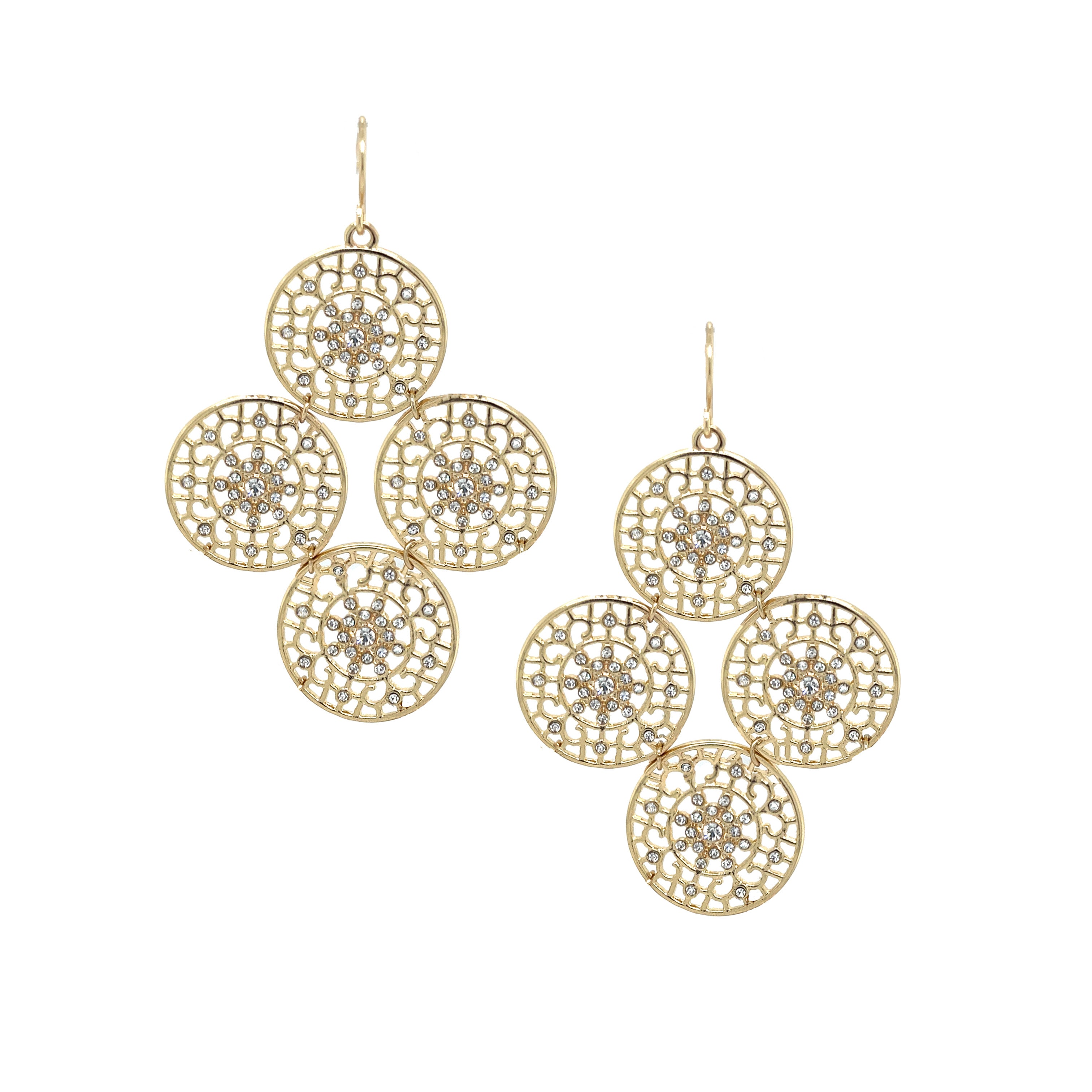 CZ Filigree Disc Drop Statement Pierced Earrings The intricate filigree pattern and sparkling cubic zirconia of these earrings add to the stylish statement they make. With their unique and eye catching design, these earrings are a conversation starter and will make you the center of attention. Yellow Gold Plated 2.50" Long X 1.68" Wide