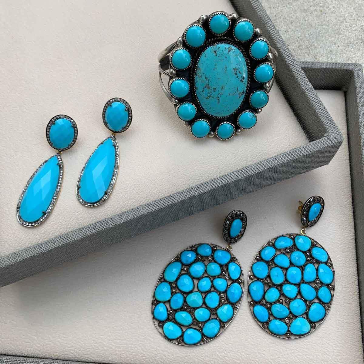 Turquoise & Diamond Oval Disc Drop Pierced Earrings 14K Yellow & Oxidized Gold Plated Over Silver Turquoise 58.70CT Diamond 3.06CT
