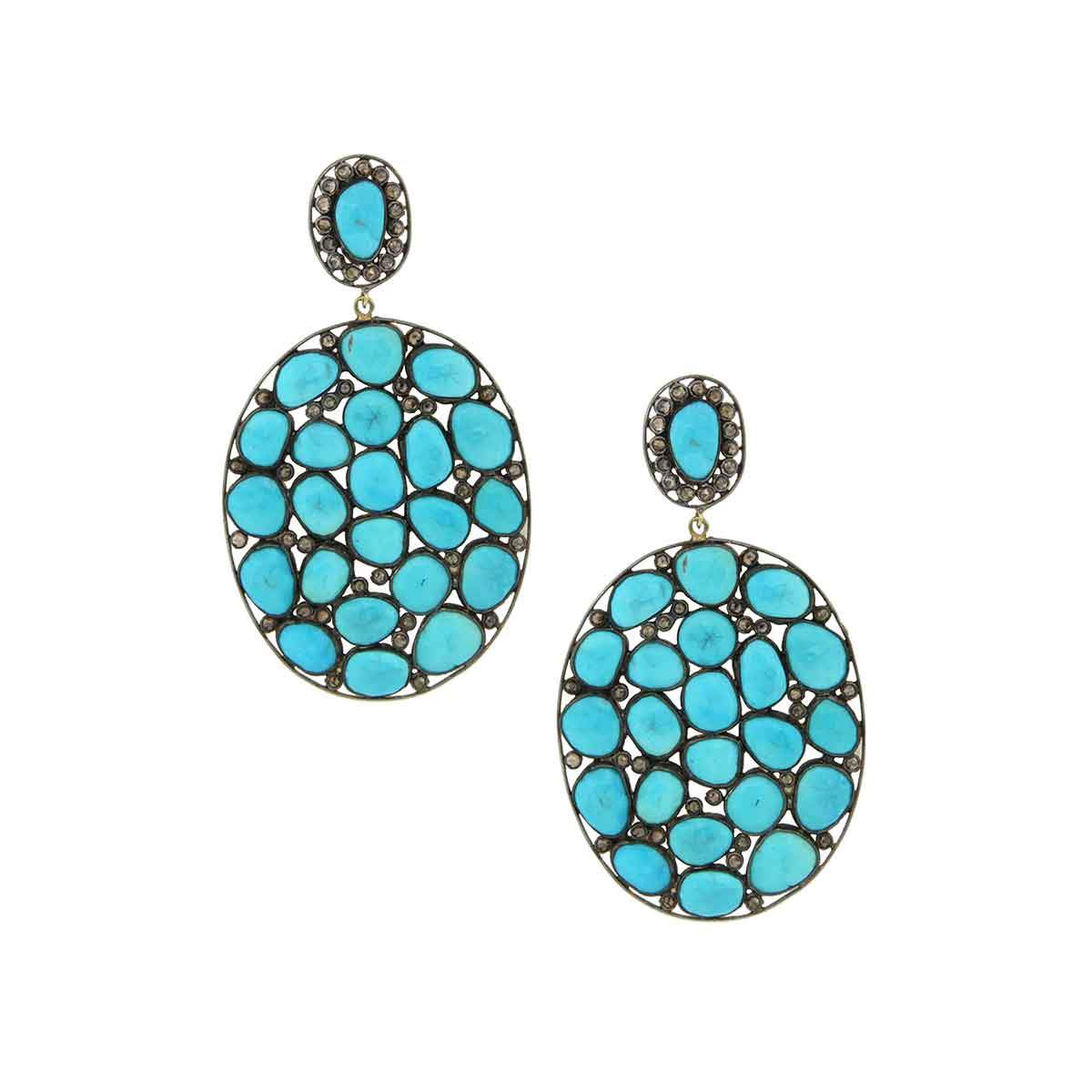 Turquoise & Diamond Oval Disc Drop Pierced Earrings 14K Yellow & Oxidized Gold Plated Over Silver Turquoise 58.70CT Diamond 3.06CT