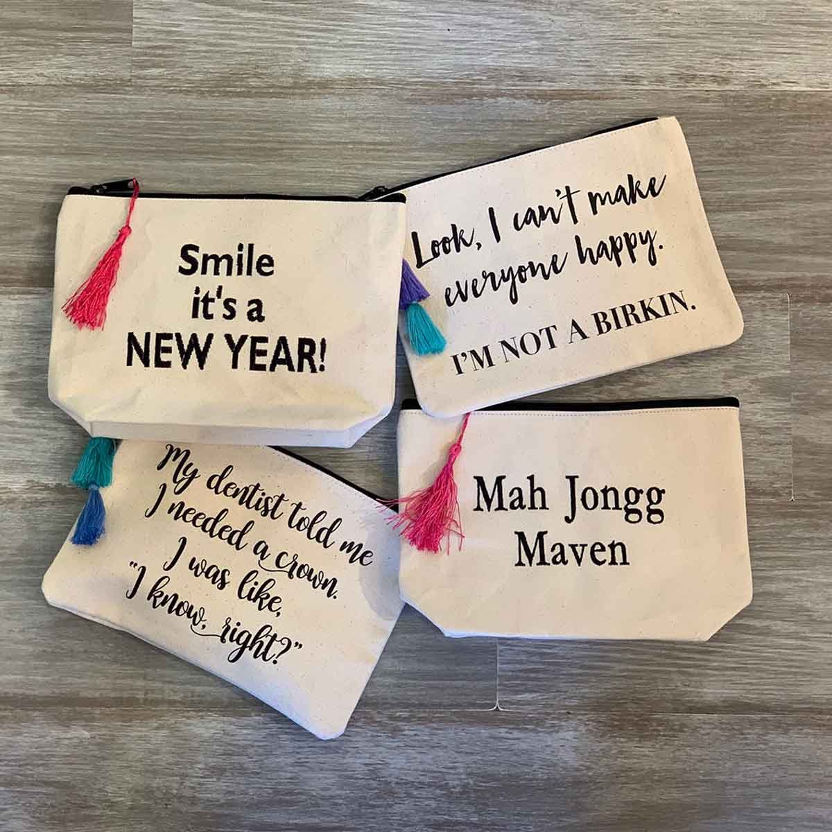 Natural Color Canvas With Multi Color Tassels Quote Pouch  Says: "My dentist told me I needed a crown. I was like, "I know, right?" Black Zipper 9.25'' Width X 7'' Height