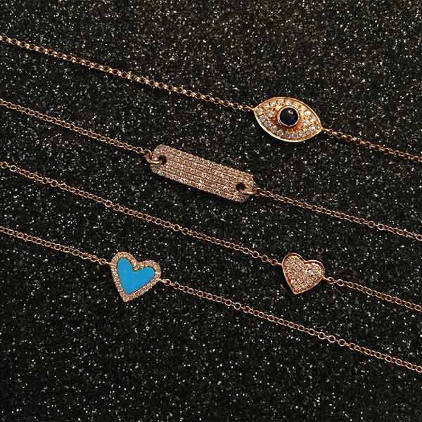Pave Diamond & Turquoise Heart Chain Bracelet 14K Rose Gold 0.06 Diamond Carat Weight 0.13 Turquoise Carat Wight Heart: 0.38" Width Chain: 6-7" Length
