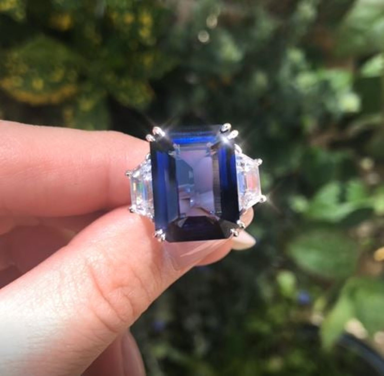 Faux Sapphire Emerald Cut With Trapezoids CZ Ring White Gold Plated Over Silver 0.7" Length X 0.8" Width