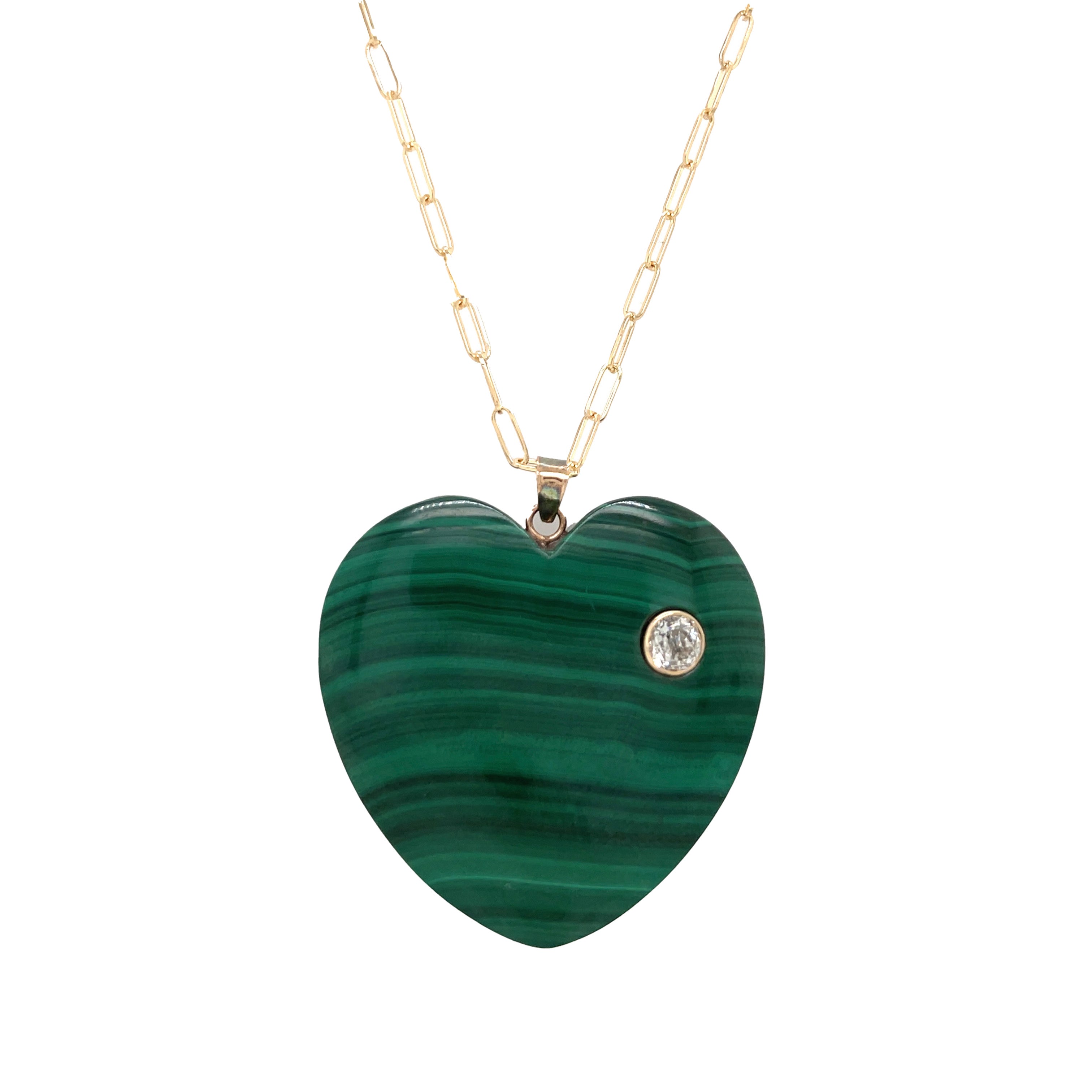 Oversized Malachite & Diamond Heart Necklace 0.5 Diamond Carat Weight Pendant: 1.57" Length X 1.57 Inches Width 18.0" Chain Length