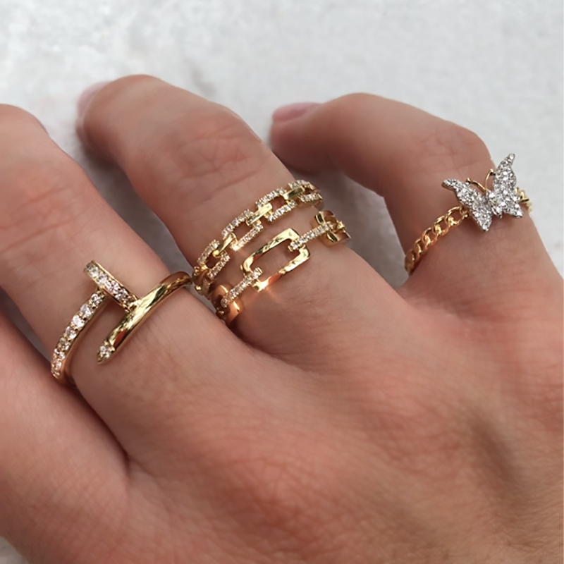 Pave Diamond Nail Twist Ring 14K Yellow Gold 0.19 Diamond Carat Weight 0.38" Wide