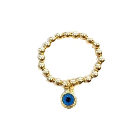 Evil Eye Enamel Charm Stretch Beaded Ring  Yellow Gold Plated