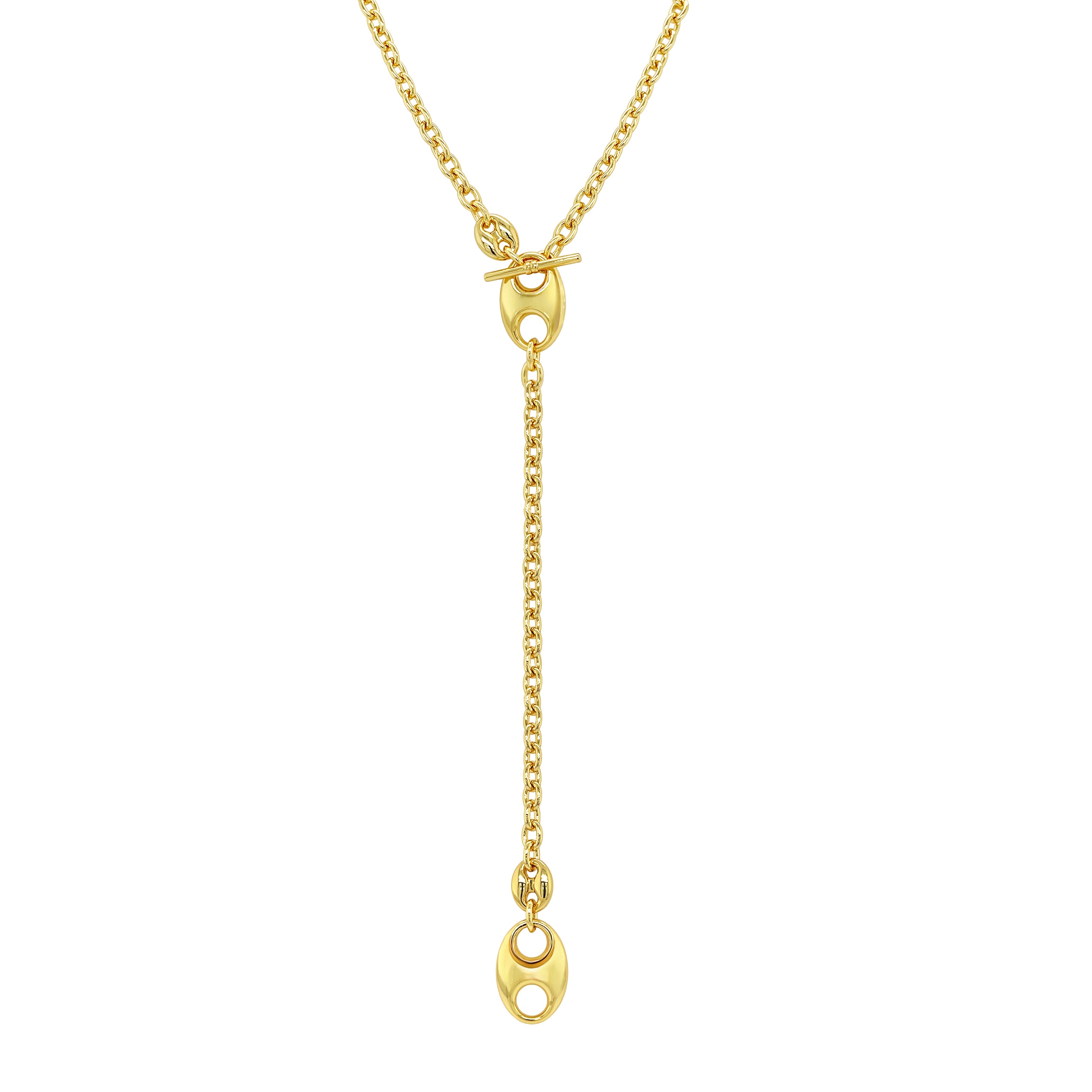 This elegant lariat necklace features a beautiful, yellow gold-plated mariner toggle and oval chain links that capture a chic, nautical vibe. Perfect for effortless summer layering or making a sophisticated standalone statement, it's designed to bring versatile elegance to your year-round jewelry wardrobe.
