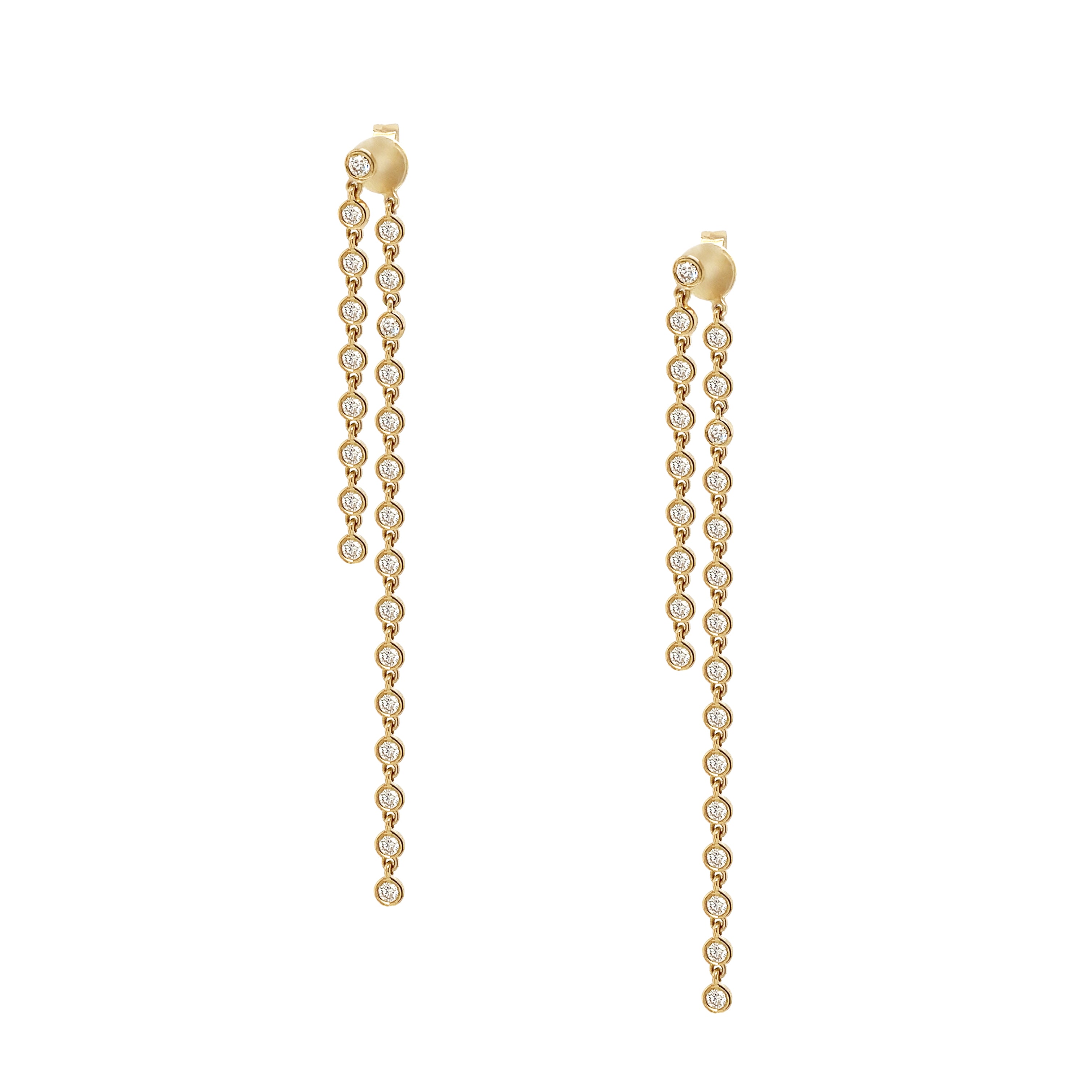 Gold chain earrings with embedded diamonds on a white background
