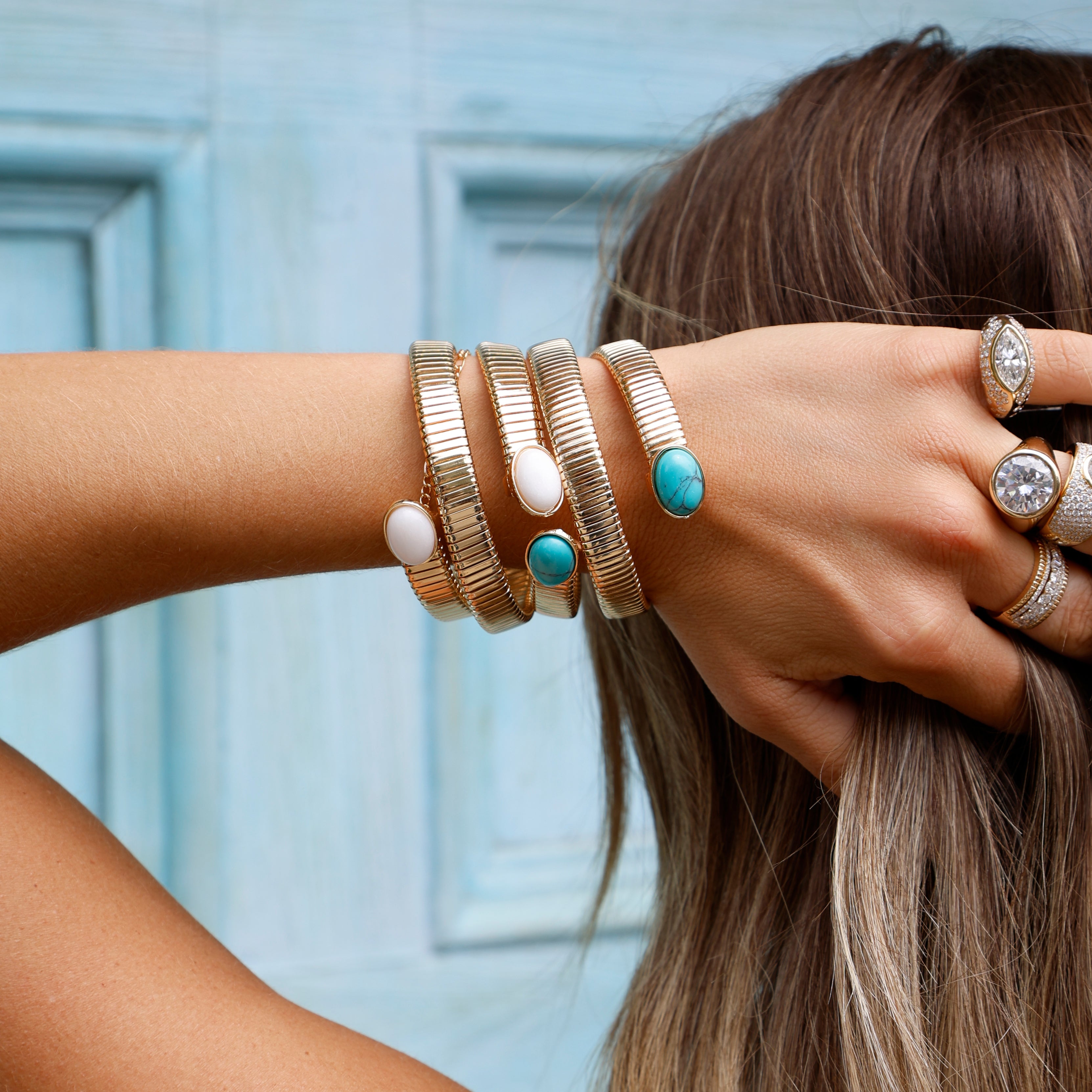 GEMMOVE BRACELET 16コマ ジェンマ 貴蛇紋石ブレスレット Turquoise Wrap Flex Bracelet – Jennifer Miller Jewelry