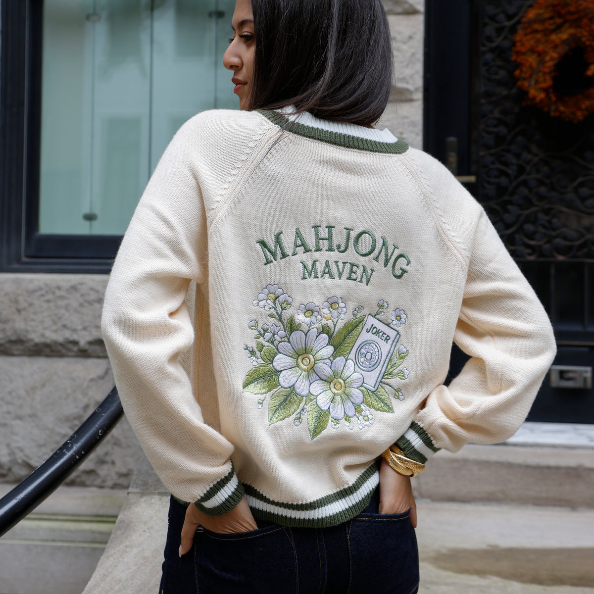Cream &amp; Green Mahjong Cardigan Sweater

Relaxed Fit
Runs true-to-size
Hand wash cold, separately
100% Acrylic