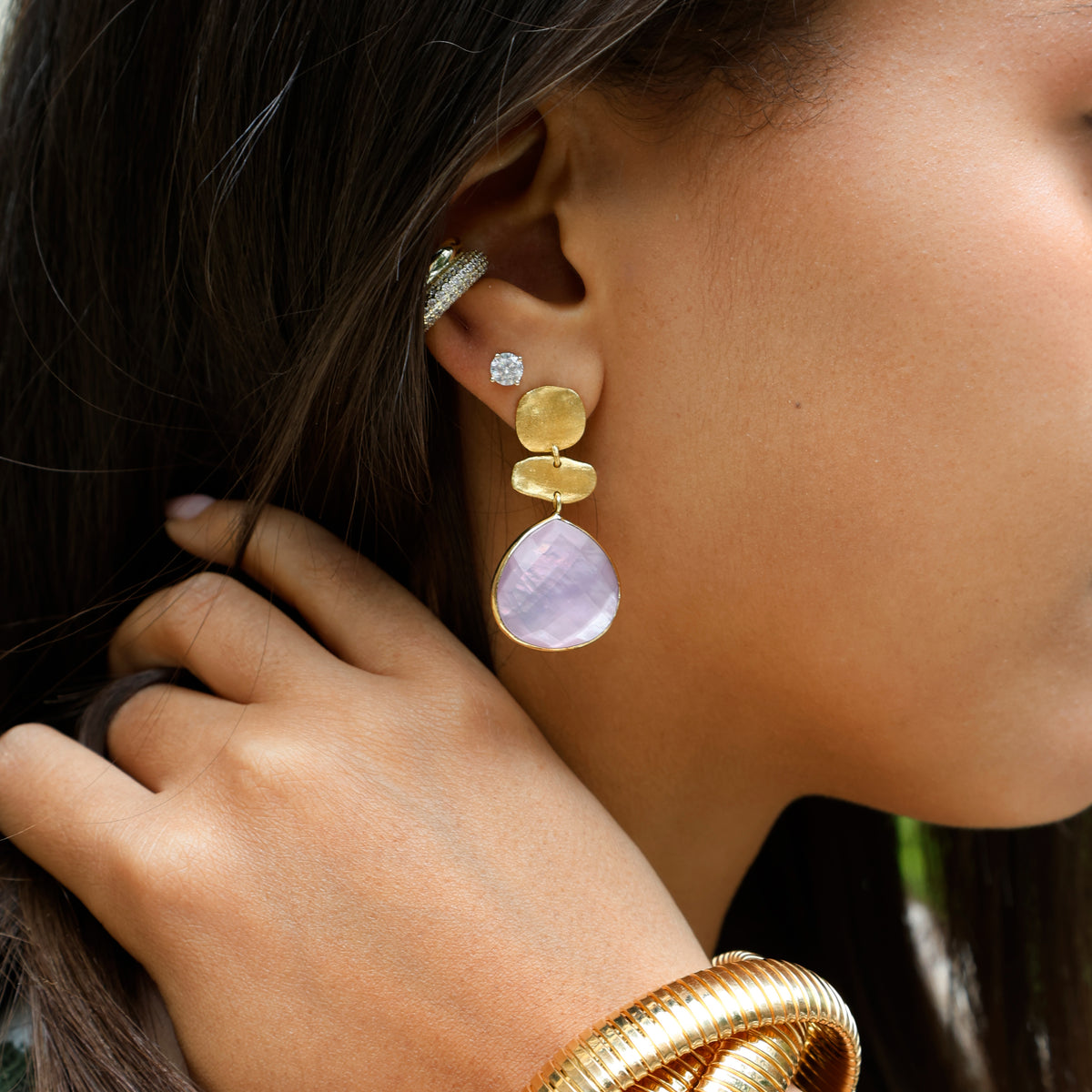Three Drop Pink Tear Earrings View 2