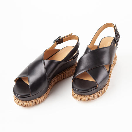 Black Leather Wicker Heel Sandal  1.5" Heel