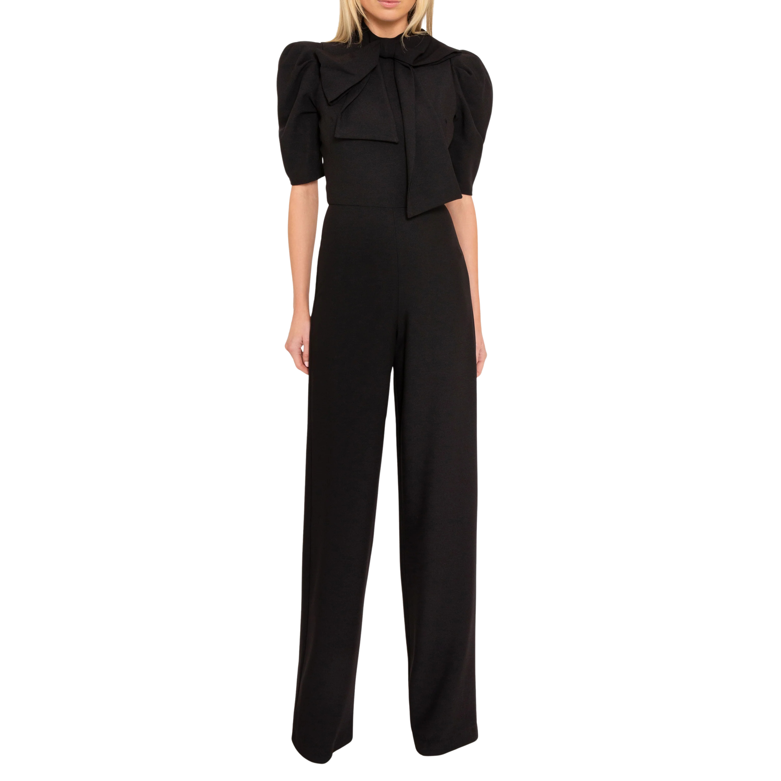 Black jumpsuit with puff sleeves and a bow detail on a white background