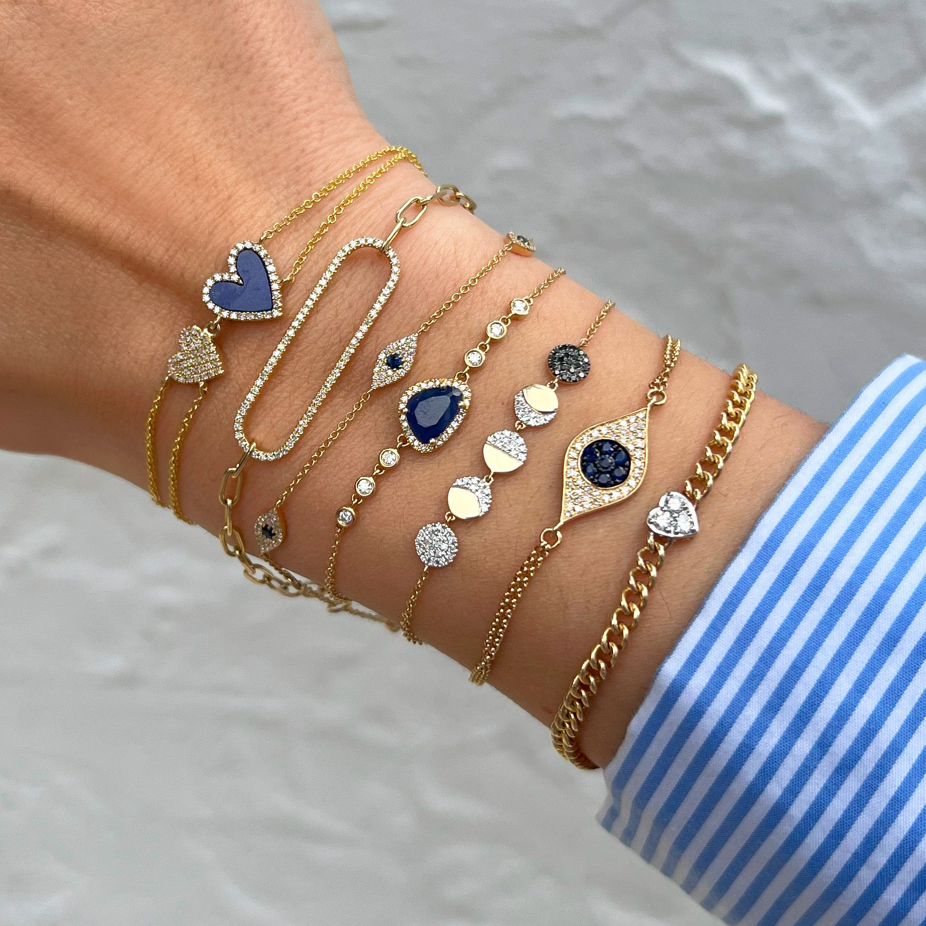 Diamond & Lapis 2 Heart Chain Bracelet  14K Yellow Gold Both Hearts: 0.75" Wide Big Heart: 0.40" Long Small Heart: 0.28" Long