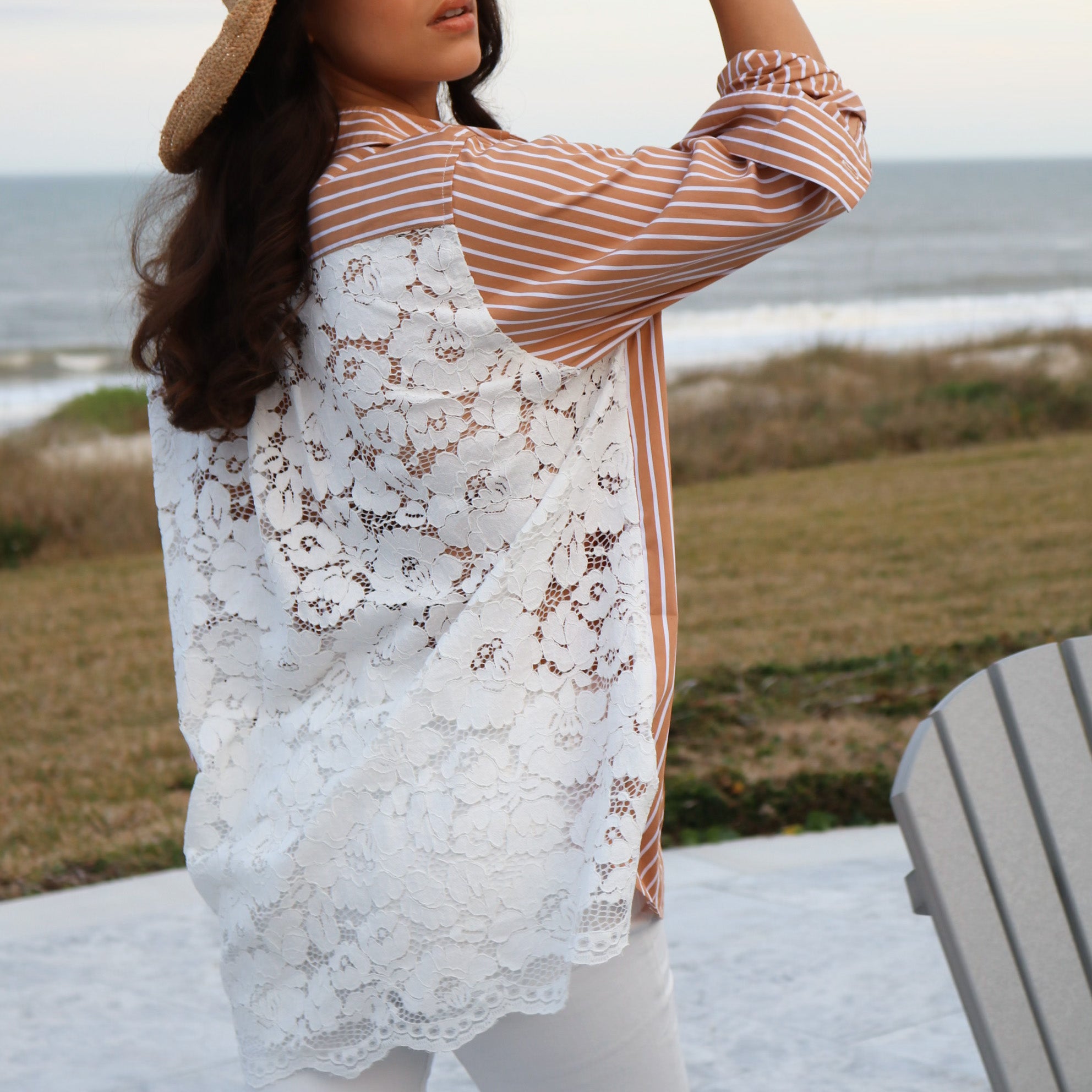 Tan & White Stripe With Lace Back Collar Button-Down Shirt  One Size Dry clean only Designed by Romi Basha