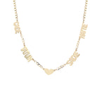 Gold necklace with name charms on a white background