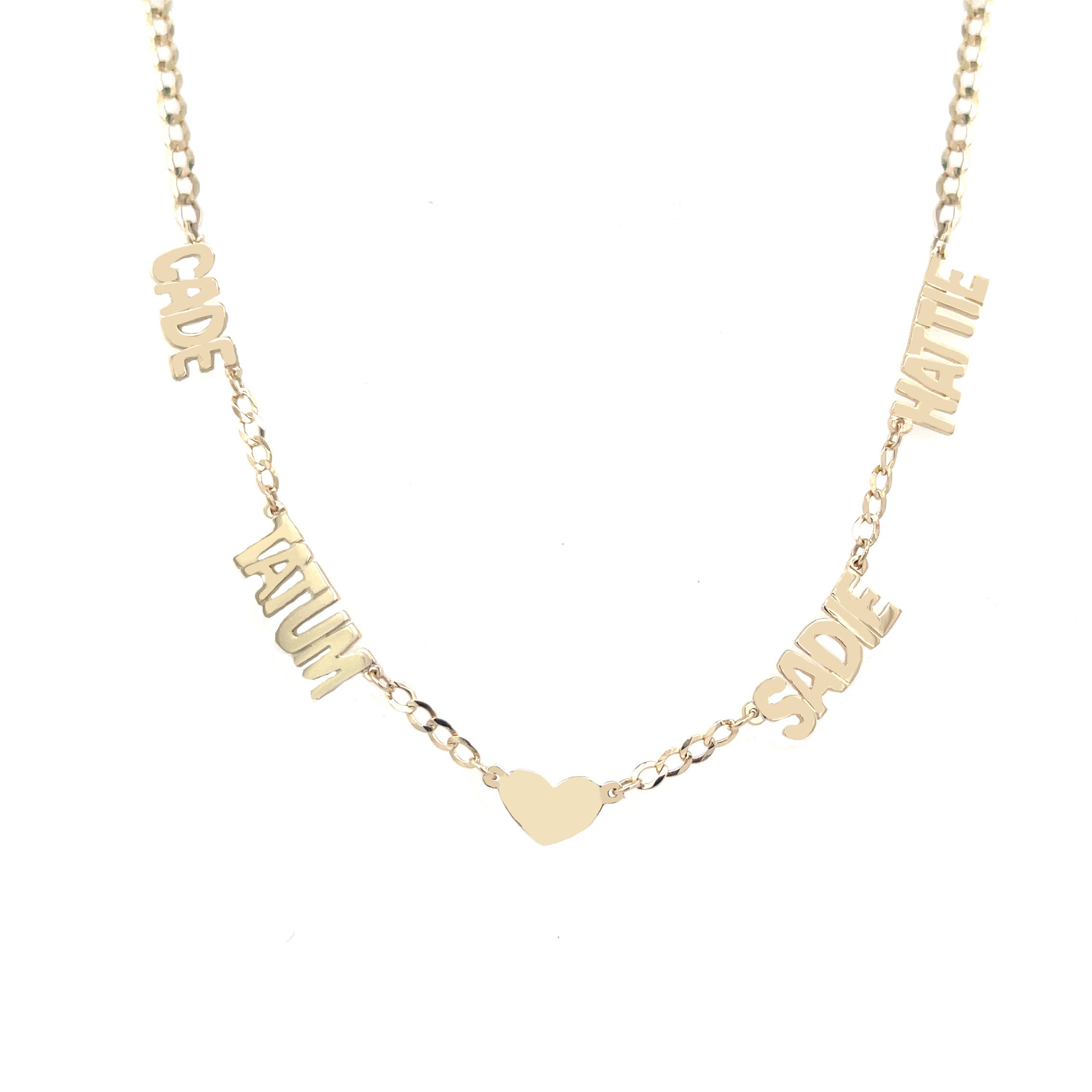 Gold necklace with name charms on a white background