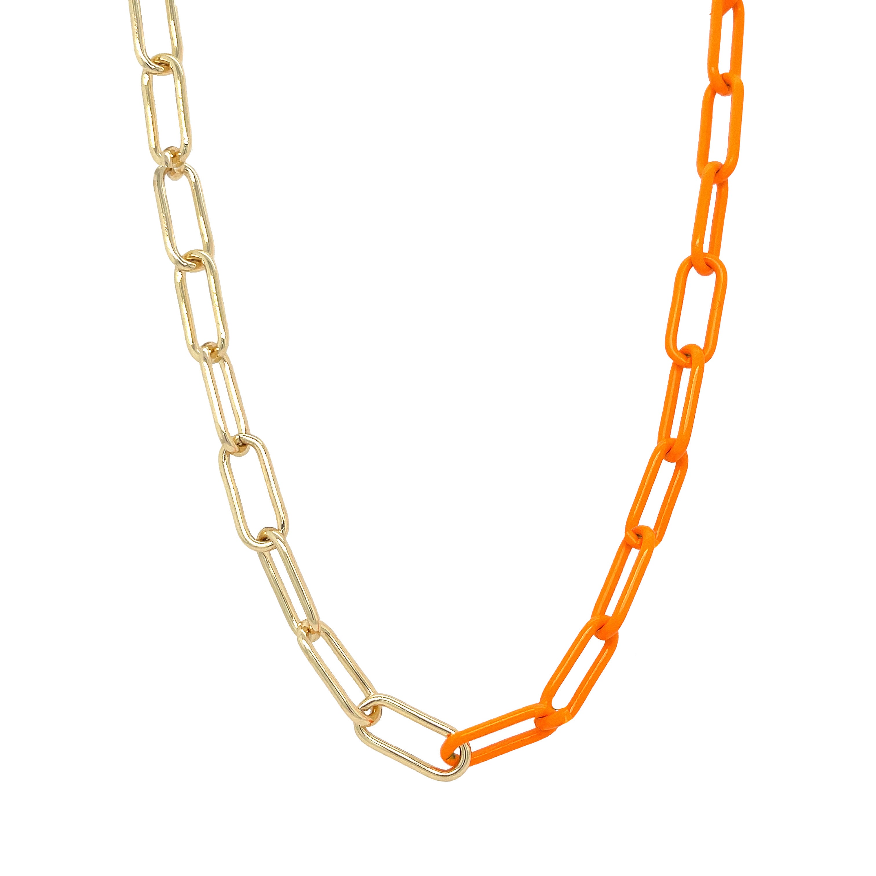 <p>Orange Enamel Paperclip Chain Necklace</p> <ul> <li>Yellow Gold Plated</li> <li>Links: 0.25" Wide X 0.38" Long</li> <li>17-18" Adjustable Length</li> </ul>