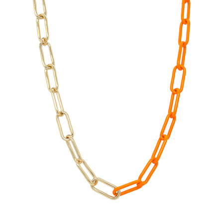 <p>Orange Enamel Paperclip Chain Necklace</p> <ul> <li>Yellow Gold Plated</li> <li>Links: 0.25" Wide X 0.38" Long</li> <li>17-18" Adjustable Length</li> </ul>