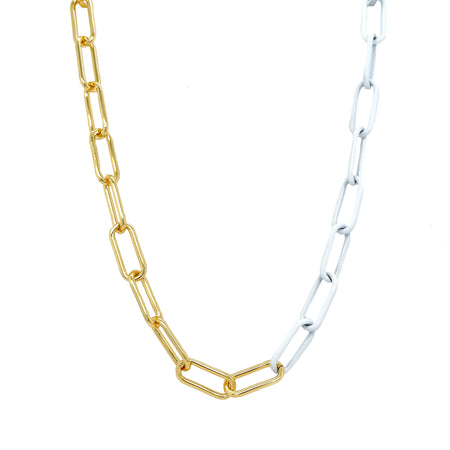 <p>White Enamel Paperclip Chain Necklace</p> <ul> <li>Yellow Gold Plated</li> <li>Links: 0.25" Wide X 0.38" Long</li> <li>17-18" Adjustable Length</li> </ul>