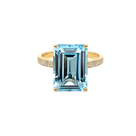 Diamond &amp; Blue Topaz Ring  14K Yellow Gold 0.10 Diamond Carat Weight 9.30 Topaz Carat Weight Blue Topaz: 0.55" Long X 0.39" Wide Ring Band: 0.09" Wide