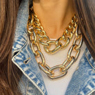 <p>Curb Chain Necklace</p> <ul> <li>Yellow Gold Plated</li> <li>0.5-1.25" Thick</li> <li>16-18" Adjustable Length</li> </ul>