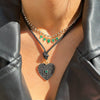 Black Diamond &amp; Emerald Heart Necklace  14K Yellow Gold 2.99 Black Diamond Carat Weight Heart: 1" Diameter 14-18" Adjustable Length