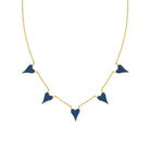 A gold chain necklace featuring five small, diamond-encrusted blue heart-shaped pendants arranged in a V-shape, set against a plain white background.