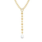 <p>Pearl Lariat Mixed Chain Necklace</p> <ul> <li>Yellow Gold Plated</li> <li>Pearls: 0.50" Wide X 0.80" Long</li> <li>Lariat Drop: 6.50" Length</li> <li>16-18" Adjustable Length</li> </ul>