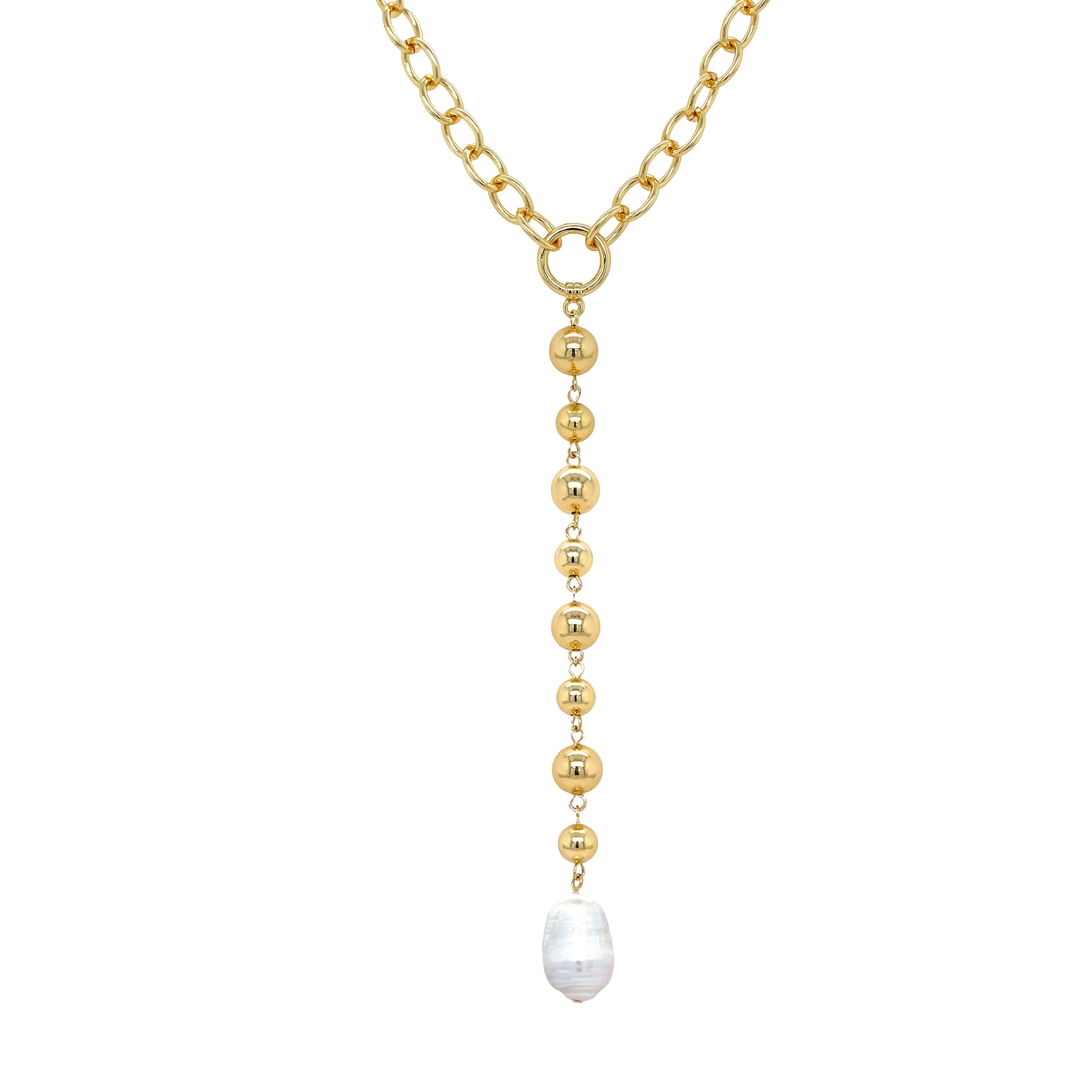 <p>Pearl Lariat Mixed Chain Necklace</p> <ul> <li>Yellow Gold Plated</li> <li>Pearls: 0.50" Wide X 0.80" Long</li> <li>Lariat Drop: 6.50" Length</li> <li>16-18" Adjustable Length</li> </ul>