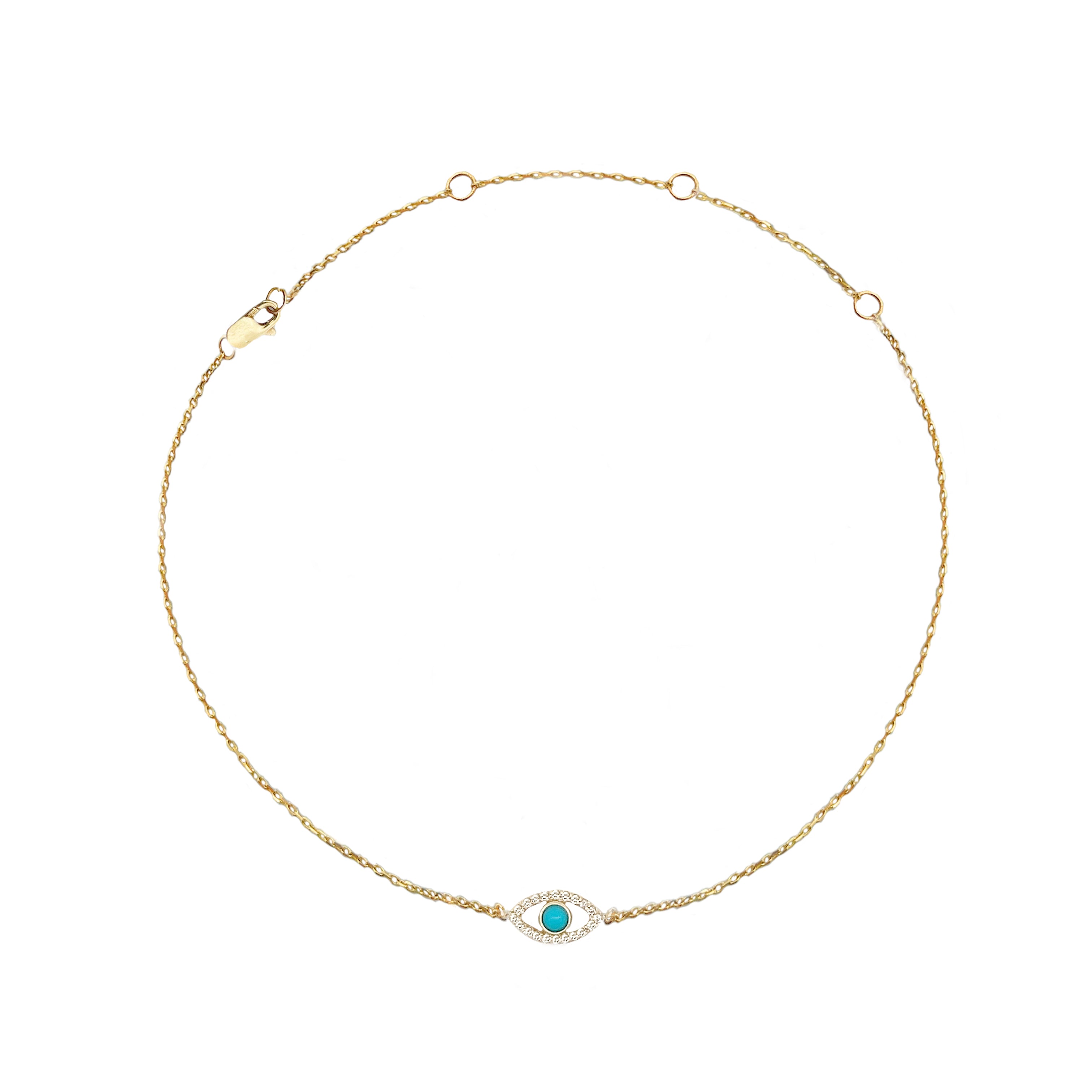 Diamond & Turquoise Evil Eye Anklet   14K Yellow Gold Eye: 0.25" Length X 0.57" Width 8"-11" Adjustable Length   