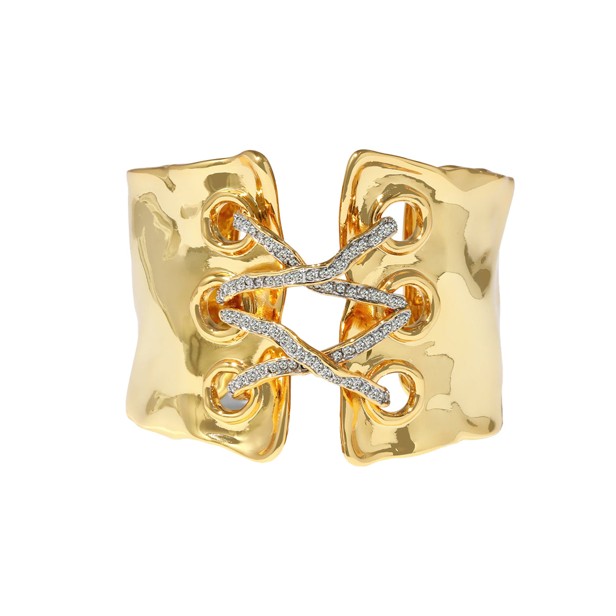 Crystal Corset Cuff Bracelet

Yellow &amp; White Gold Plated
2.25" Inner Diameter
2" Long