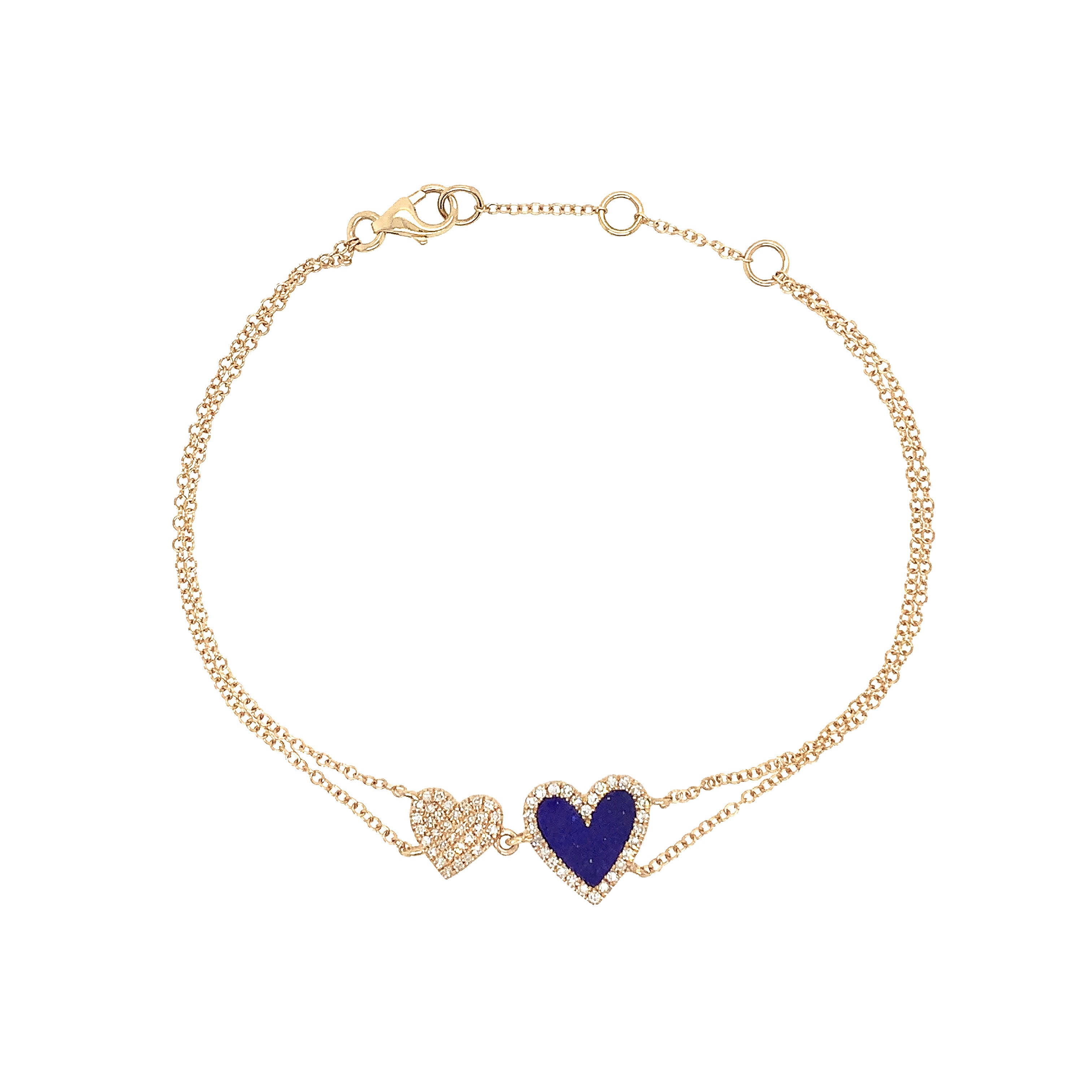 Diamond & Lapis 2 Heart Chain Bracelet  14K Yellow Gold Both Hearts: 0.75" Wide Big Heart: 0.40" Long Small Heart: 0.28" Long