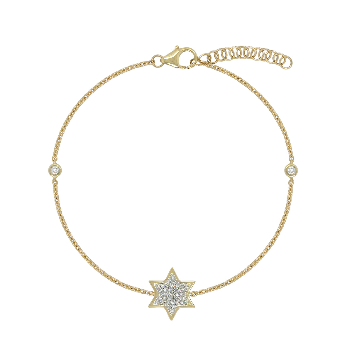 14K Gold Diamond Star Of David Bezel Bracelet

14K Yellow Gold
0.15 Diamond Carat Weight

6-7" Adjustable Length
Star: 0.45" Long 0.50" Wide
Bezel: 0.10" Width