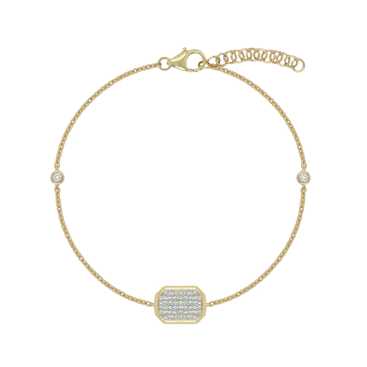 Diamond Pave Shape Bezel Bracelet

14K Yellow Gold
0.20 Diamond Carat Weight

Bezel: 0.30" Long 0.40" Width
6-7" Adjustable Length