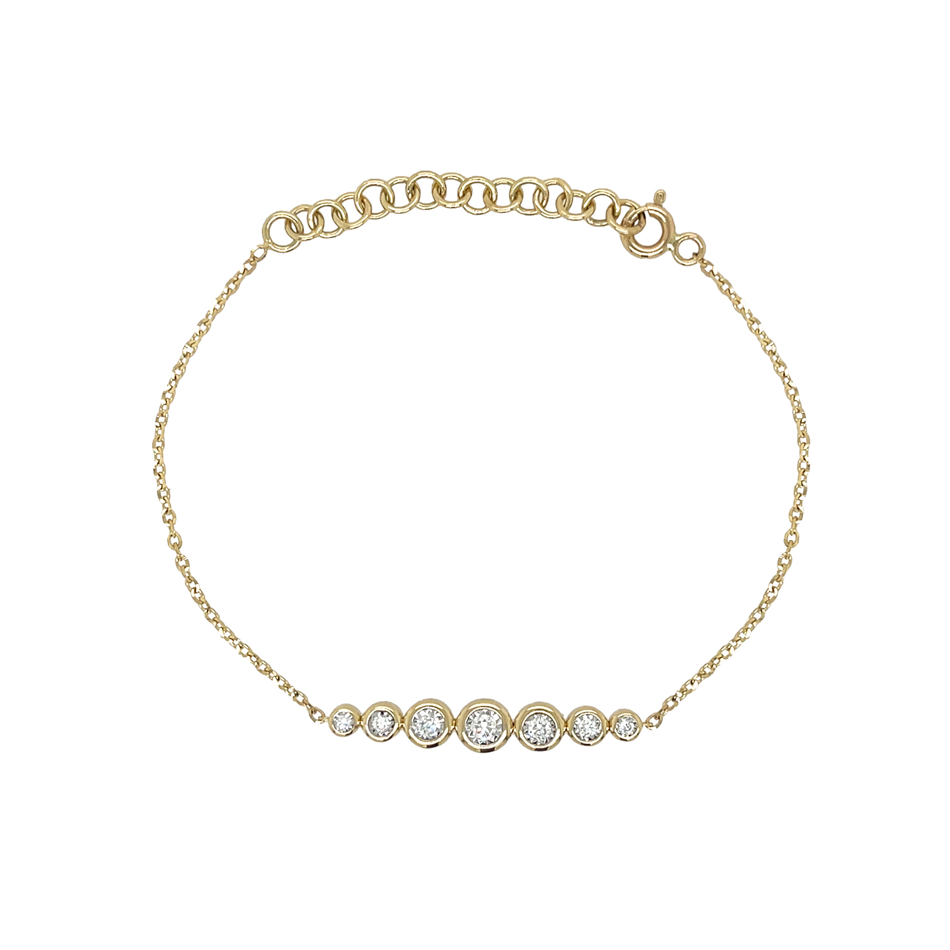 Diamond 7 Bezel Bracelet

Elevate your elegance with this Diamond Bezel Bracelet, featuring expertly set diamonds encased in sleek bezels for a refined, modern look. Its chic design offers timeless sophistication, perfect for adding a subtle sparkle to any ensemble. Crafted to complement both everyday wear and special occasions, this bracelet is a subtle yet luxurious statement.

14K Yellow Gold
0.21 Diamond Carat Weight

Bezels: 0.20" Long X 1.15" Wide
5.75-7" Adjustable Length