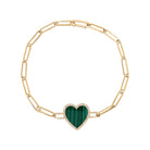 Diamond & Malachite Heart Paperclip Chain Bracelet  14K Yellow Gold 0.12 Diamond Carat Weight 2.16 Malachite Carat Weight Heart: 0.54" Width