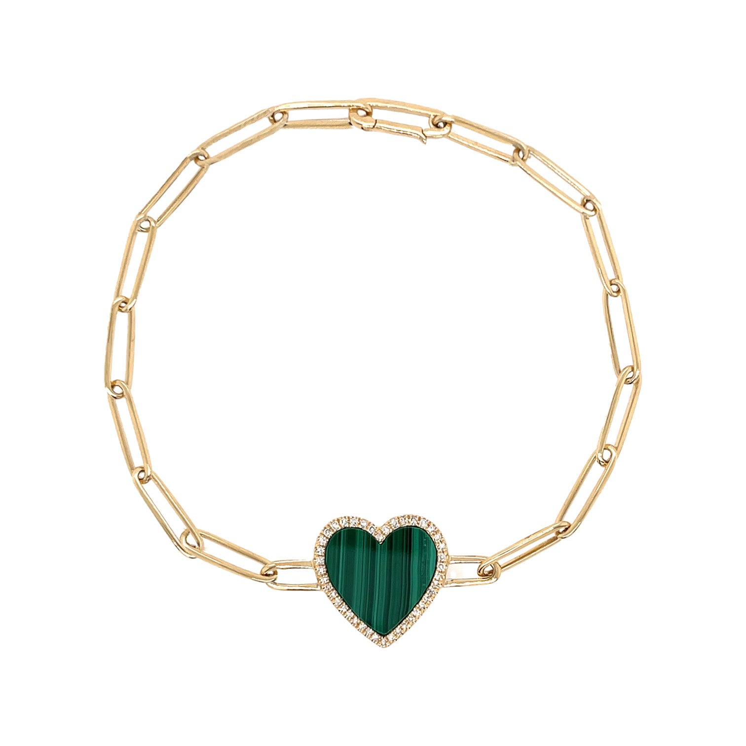 Diamond & Malachite Heart Paperclip Chain Bracelet  14K Yellow Gold 0.12 Diamond Carat Weight 2.16 Malachite Carat Weight Heart: 0.54" Width