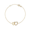 Pave Diamond Two Interlocking Heart Chain Bracelet

14K Yellow Gold
0.14 Diamond Carat Weight
Heart Motif: 0.63" Wide X 0.44" High
Chain: 6-7" Length