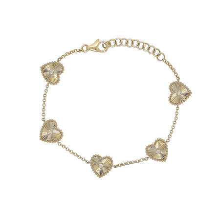 Diamond 5 Hearts Station Chain Bracelet  14K Yellow Gold 0.12 Diamond Carat Weight Hearts: 0.38" Long X 0.25" Wide 5.75-6.75" Adjustable Length