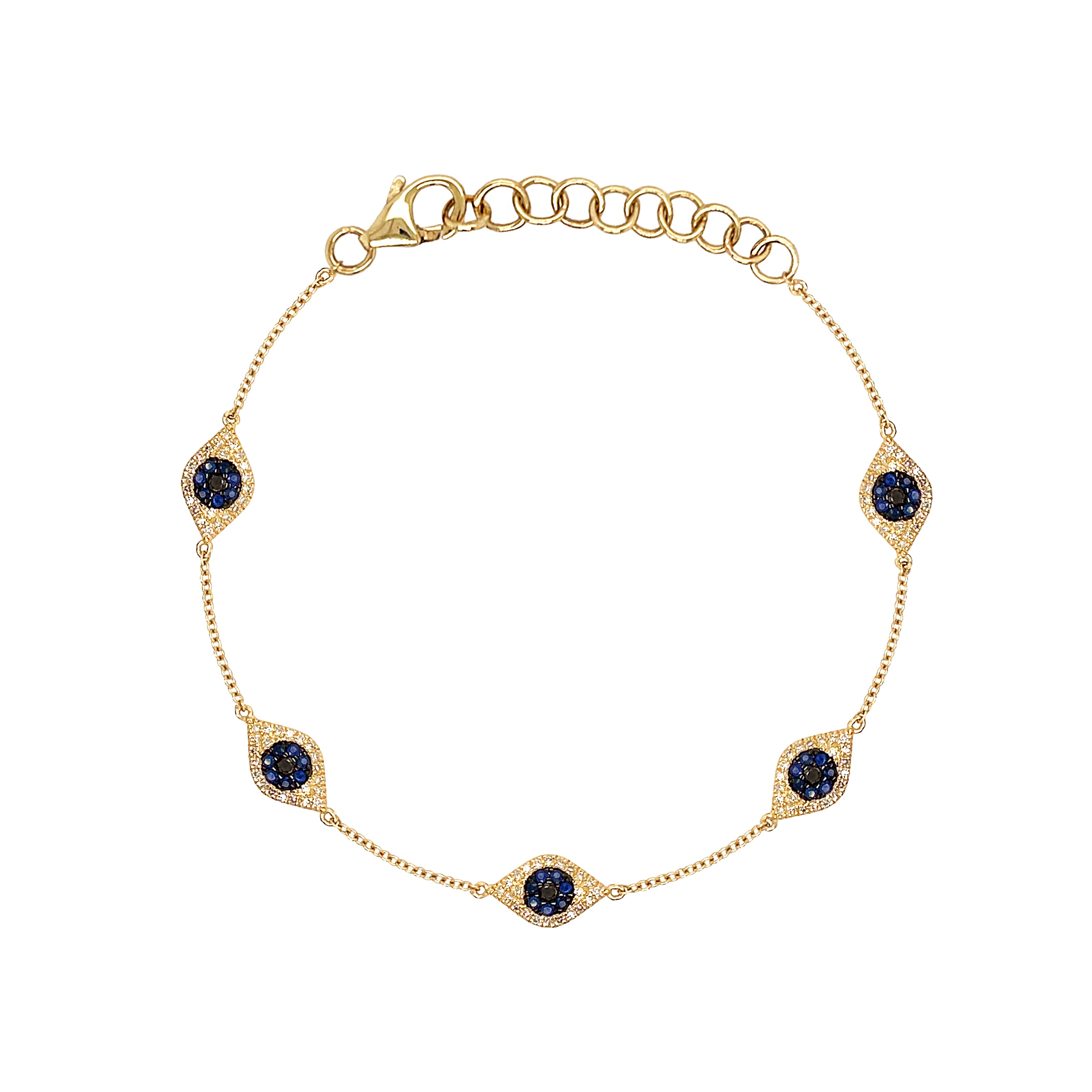 14K Gold Diamond &amp; Sapphire Five Eye Bracelet

14K Yellow Gold
0.22 Diamond Carat Weight
0.28 Sapphire Carat Weight
6-7" Adjustable Length