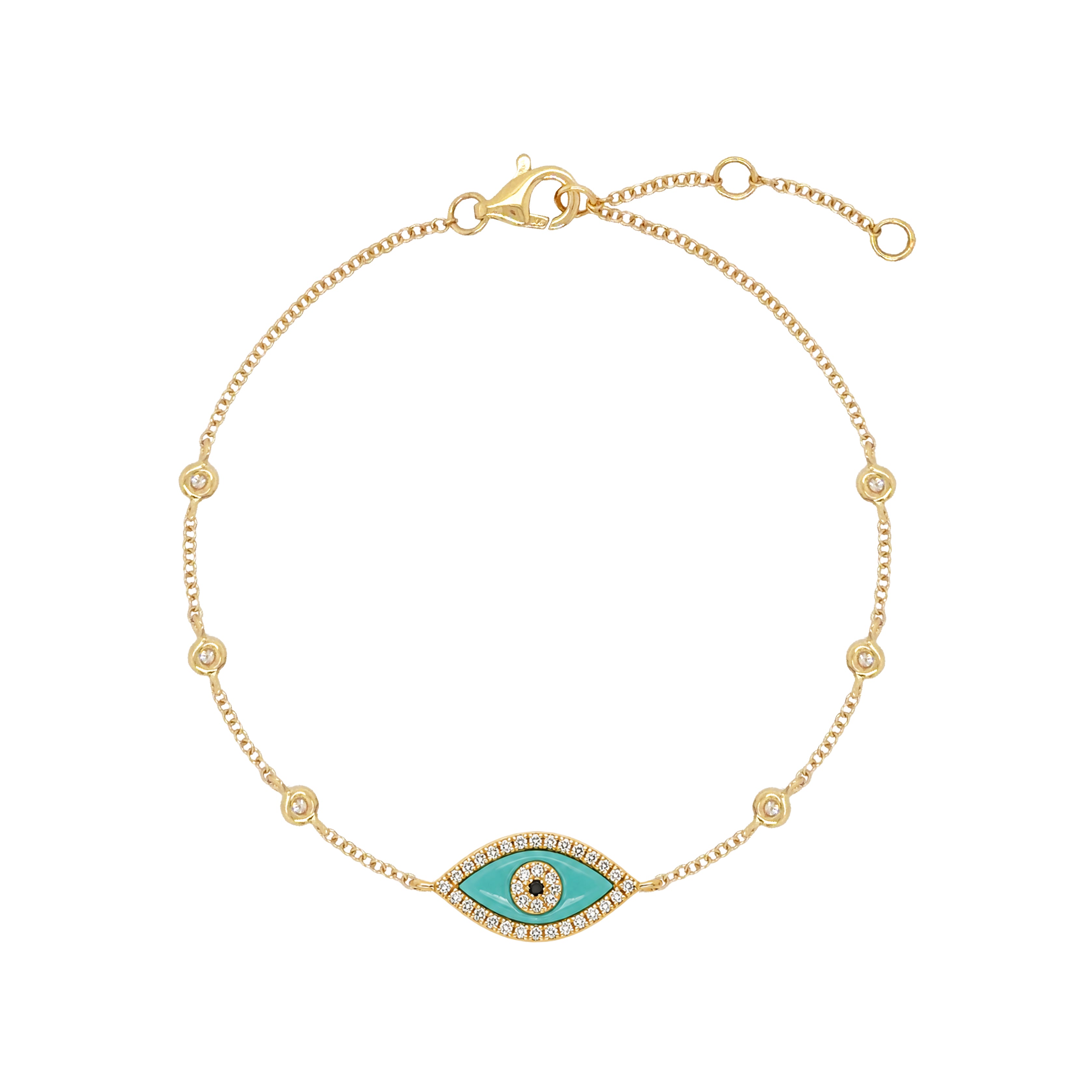 Pave Diamond &amp; Turquoise&nbsp;Eye Bezel Bracelet&nbsp;

14K Yellow Gold
0.06 Diamond Carat Weight
0.70 Turquoise Carat Weight
Eye: 0.54" Width
Chain: 6-7"&nbsp;Length