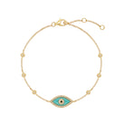 Pave Diamond &amp; Turquoise&nbsp;Eye Bezel Bracelet&nbsp;

14K Yellow Gold
0.06 Diamond Carat Weight
0.70 Turquoise Carat Weight
Eye: 0.54" Width
Chain: 6-7"&nbsp;Length
