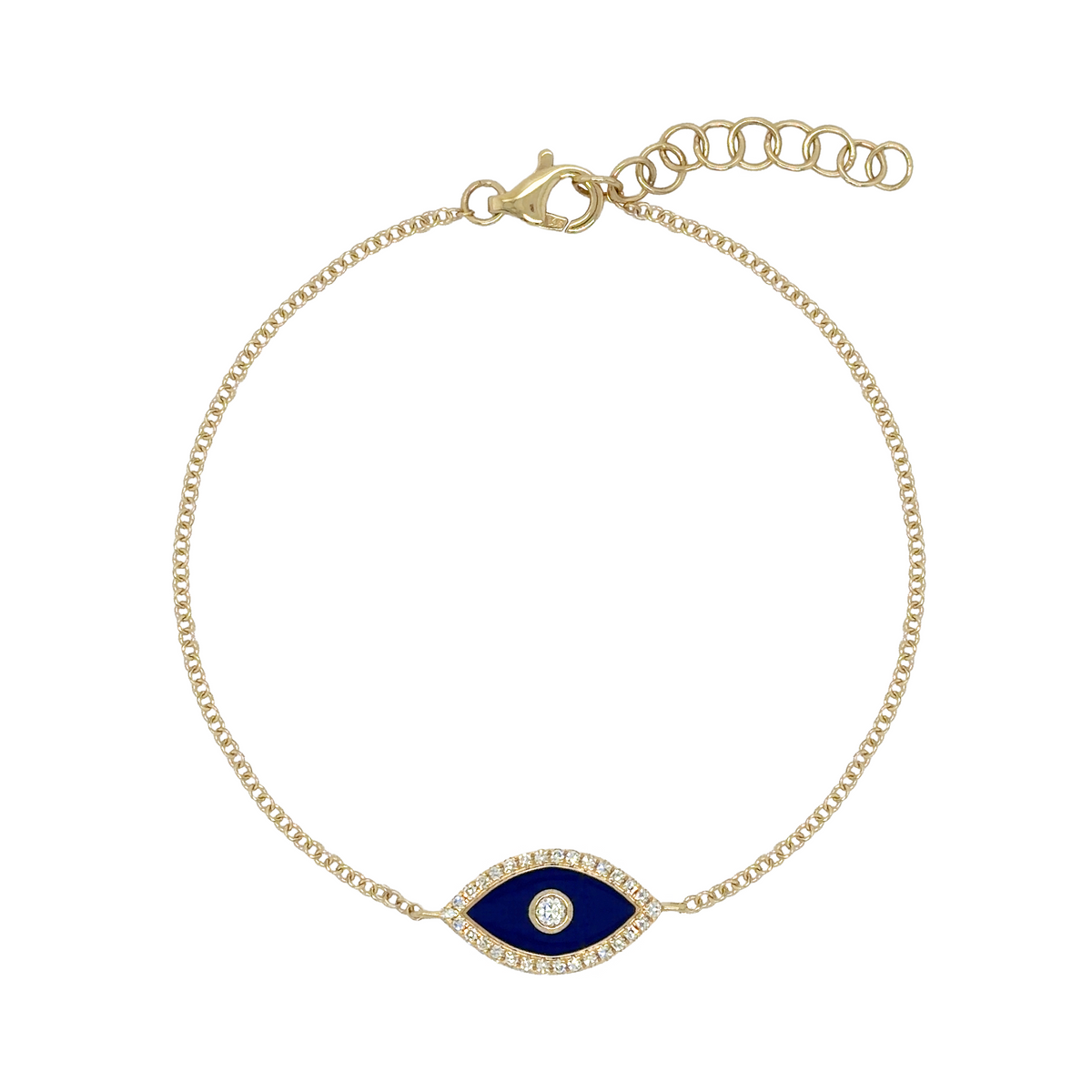 14K Gold Pave Diamond &amp; Blue Enamel Eye Bracelet

14K Yellow Gold
0.12 Carat Diamond Weight
Blue Enamel
Eye: 31" Long X 0.54" Wide
6-7" Adjustable Length