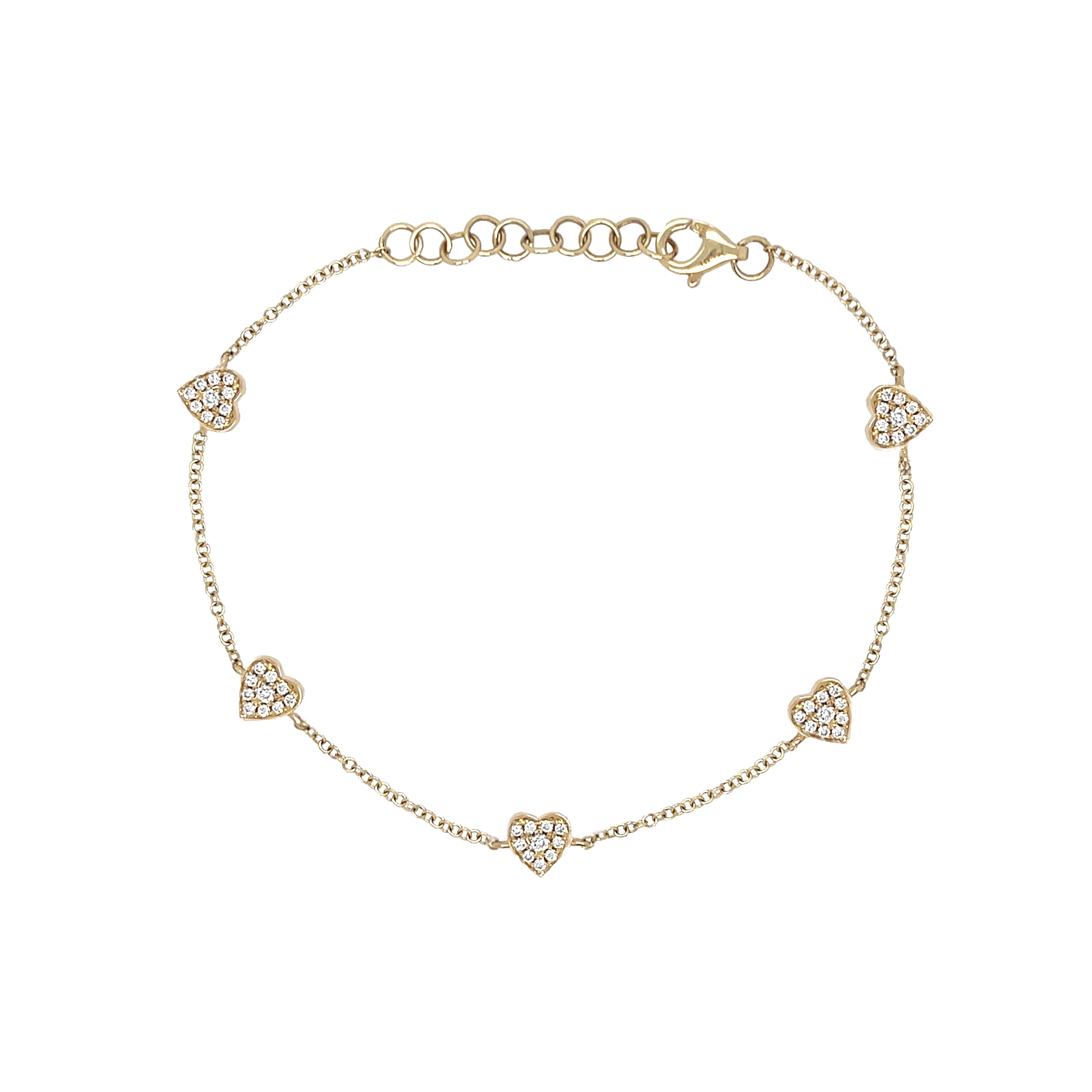 Diamond Multi Heart Bracelet

14K Yellow Gold
0.50 Diamond Carat Weight
Hearts: 0.20" Diameter
6-7" Adjustable Length
Diamonds on both sides of the hearts