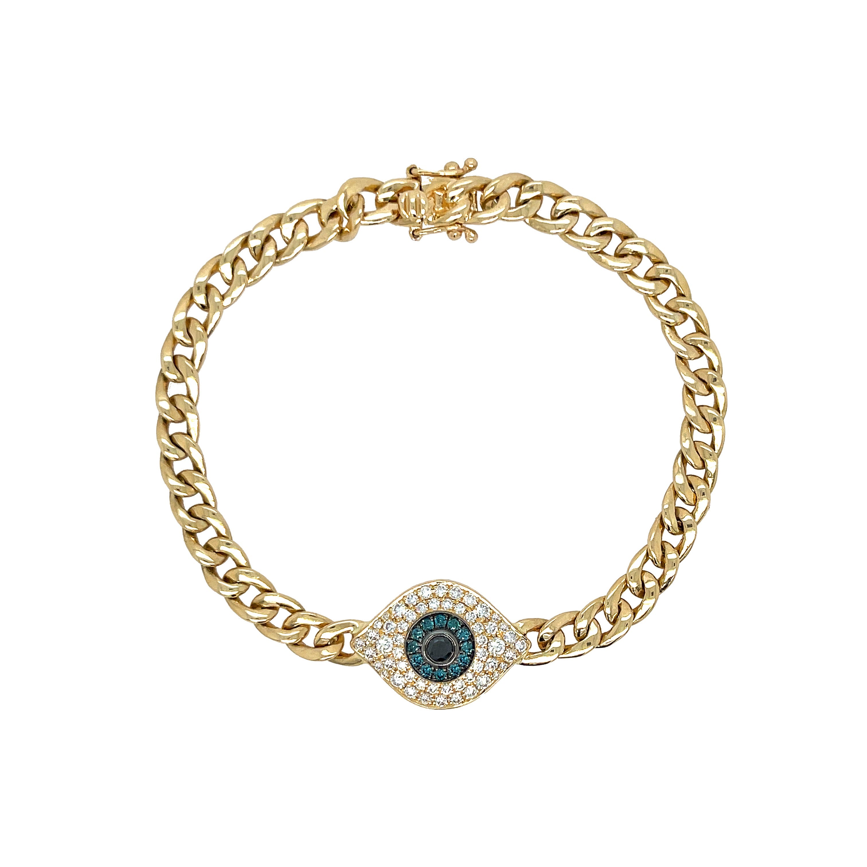 Diamond Evil Eye Curb Link Chain Bracelet  14K Yellow Gold 0.83 Diamond Carat Weight 7" Length Eye: 0.75" Long X 0.50" Wide Chain: 0.13" Wide