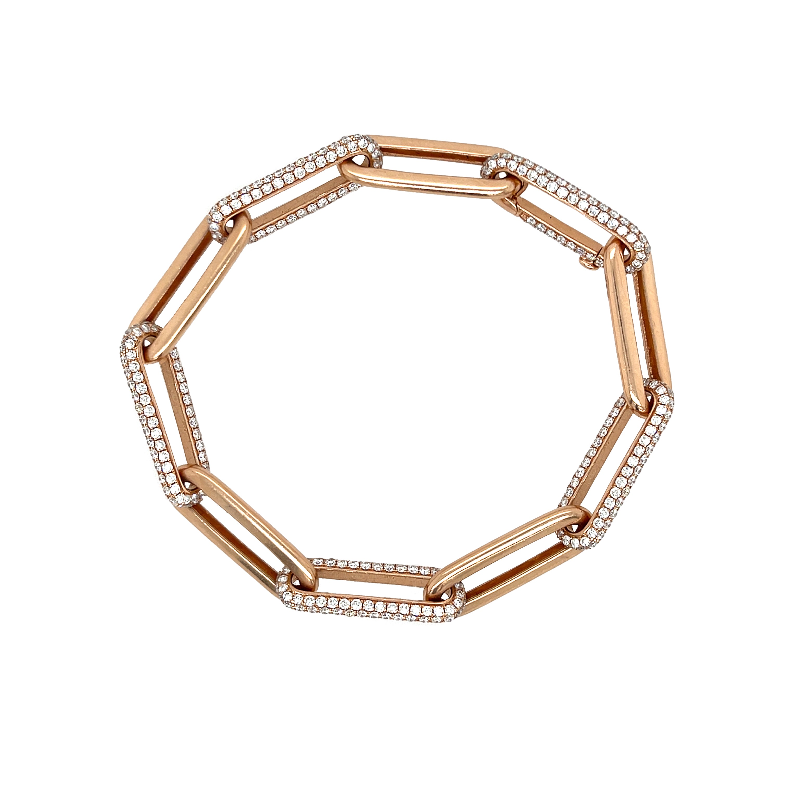 Rose gold paperclip bracelet with diamond accents on a white background