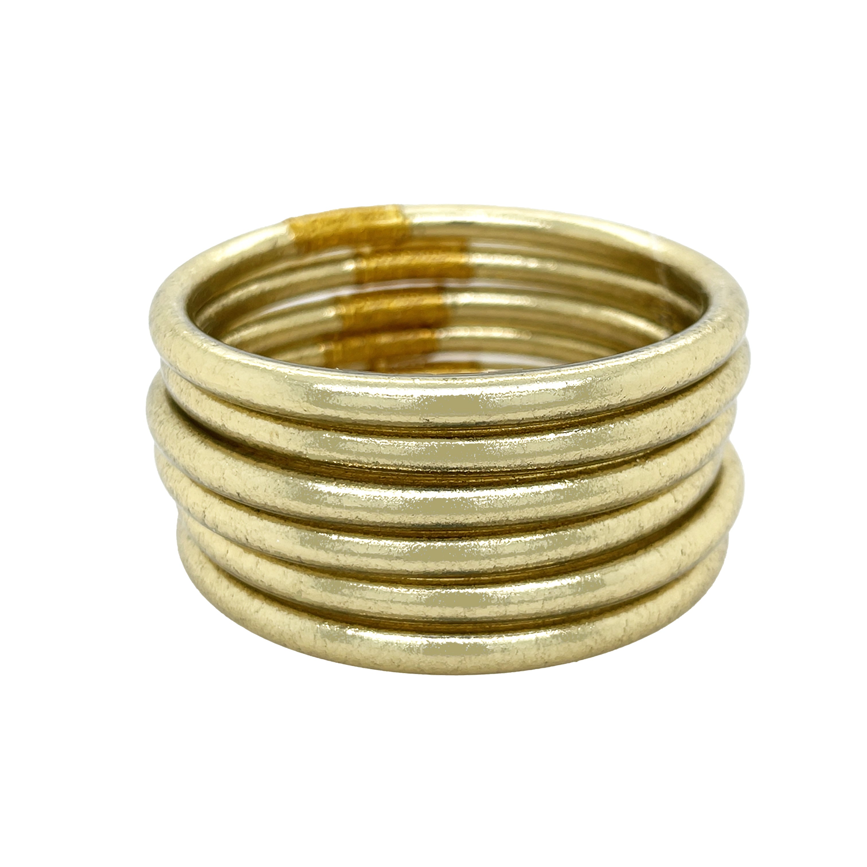 Thin Gold 6 Stack Bangle Bracelet Set

This bracelet stack features a gold leaf finish over flexible designer-grade resin for a sleek, modern look. Perfect for stacking or wearing solo to elevate any outfit.

Yellow Gold Plated
1.36" Long